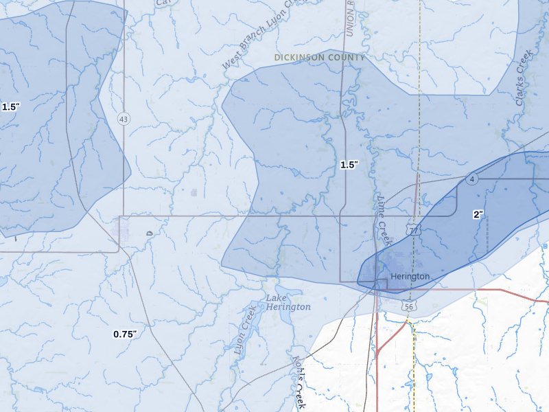 NEXRAD radar-signature map of the hail storm over Herington, KS on May 18, 2026