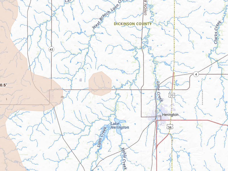 Radar-estimated hail-size map of the storm over Herington, KS on Jun 8, 2026