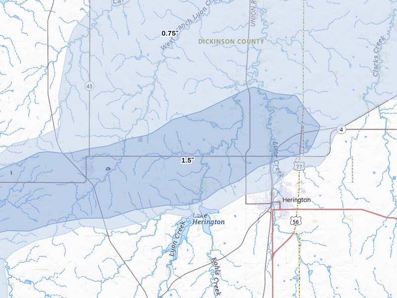 NEXRAD radar-signature map of the hail storm over Herington, KS on Jun 8, 2026