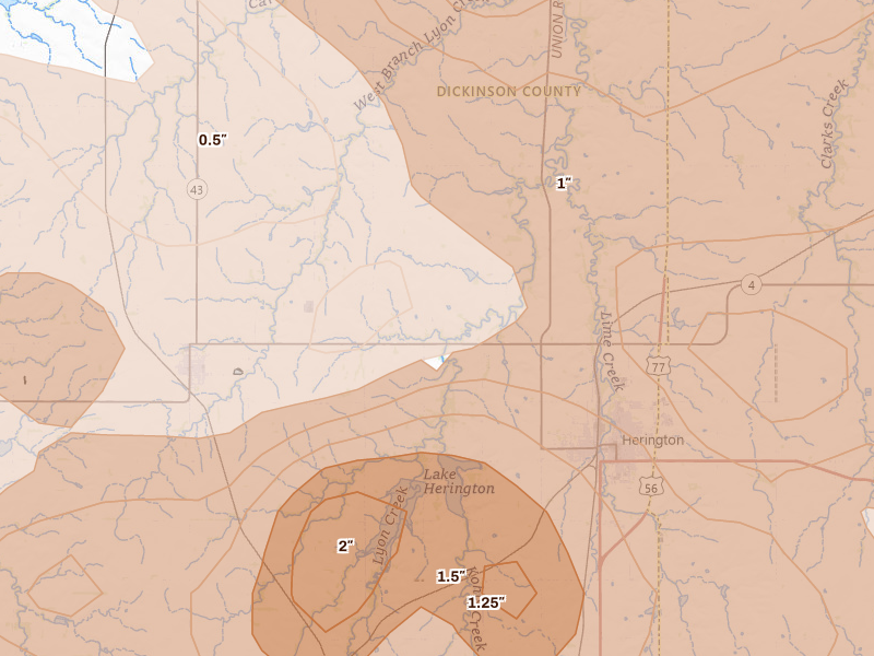 Radar-estimated hail-size map of the storm over Herington, KS on Jun 10, 2026