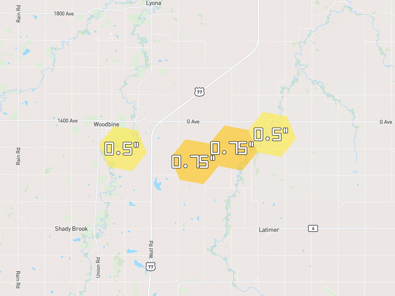 Hail map of Herington, KS on Jul 4, 2026, hail up to 0.75"
