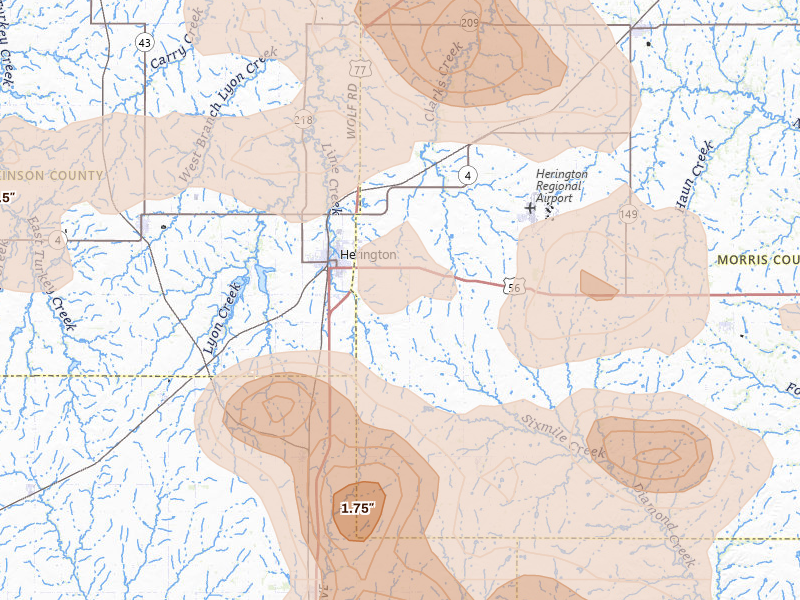Radar-estimated hail-size map of the storm over Herington, KS on Aug 6, 2026