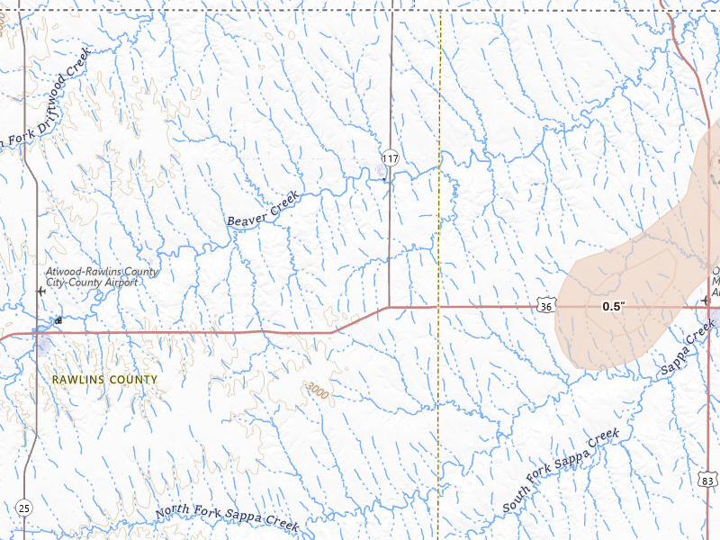 Radar-estimated hail-size map of the storm over Herndon, KS on May 16, 2026