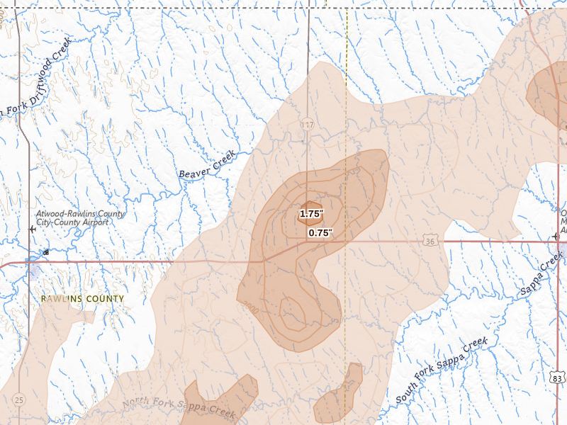 Radar-estimated hail-size map of the storm over Herndon, KS on May 29, 2026