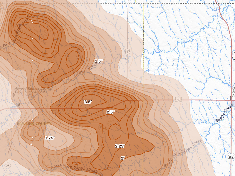 Radar-estimated hail-size map of the storm over Herndon, KS on Jun 20, 2026
