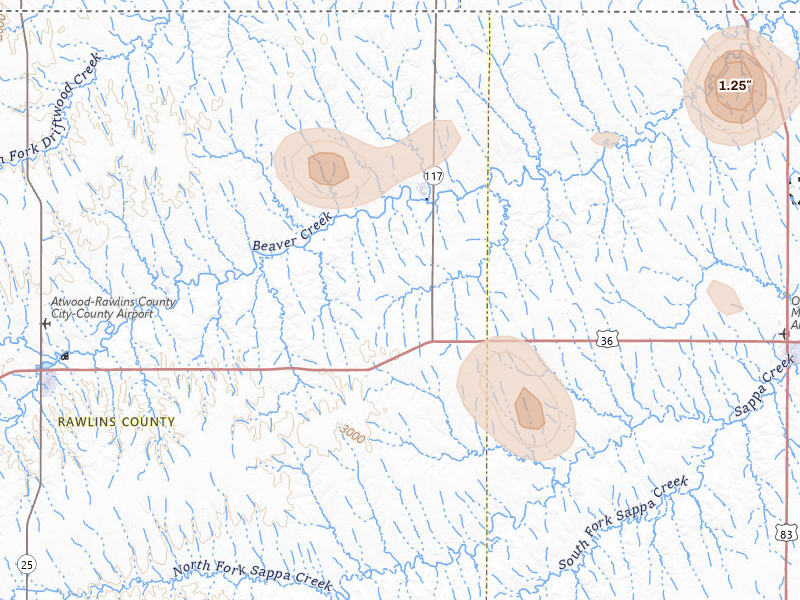 Radar-estimated hail-size map of the storm over Herndon, KS on Jul 8, 2026