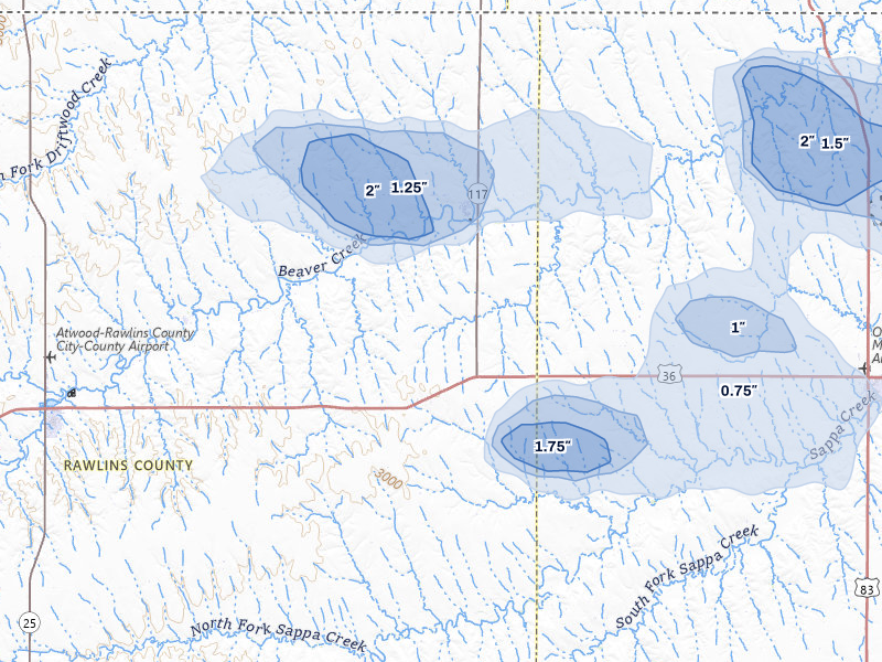 NEXRAD radar-signature map of the hail storm over Herndon, KS on Jul 8, 2026