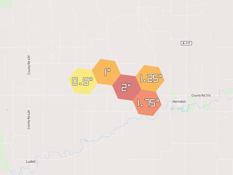 Hail map of Herndon, KS on Jul 9, 2026, hail up to 2"