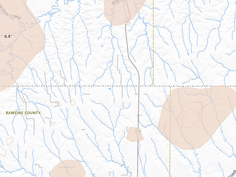 Radar-estimated hail-size map of the storm over Herndon, KS on Aug 14, 2026