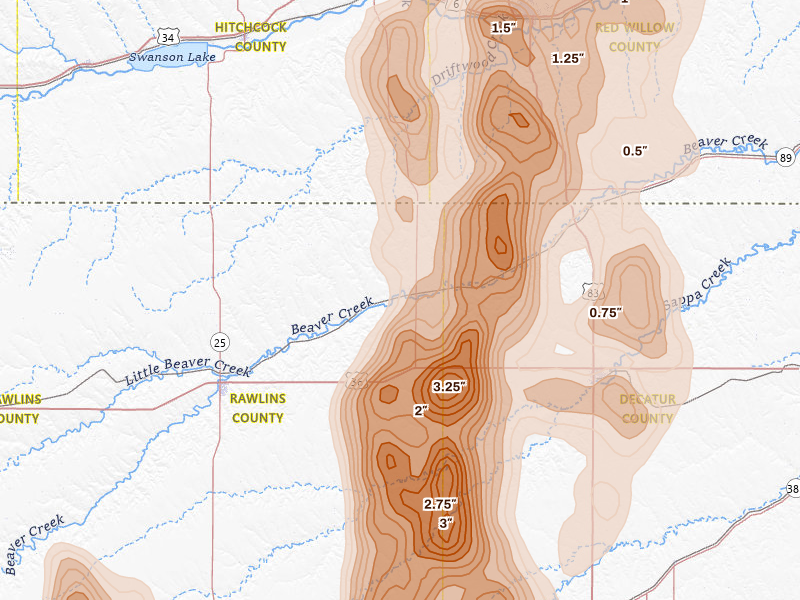 Radar-estimated hail-size map of the storm over Herndon, KS on Aug 20, 2026