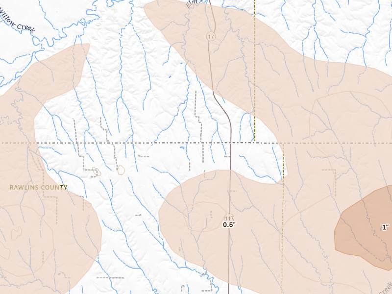 Radar-estimated hail-size map of the storm over Herndon, KS on Aug 25, 2026