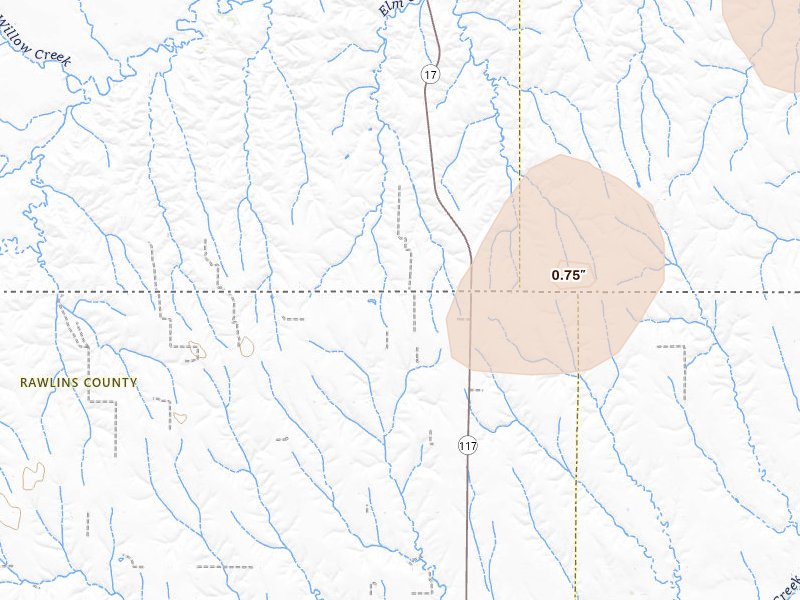 Radar-estimated hail-size map of the storm over Herndon, KS on Aug 27, 2026
