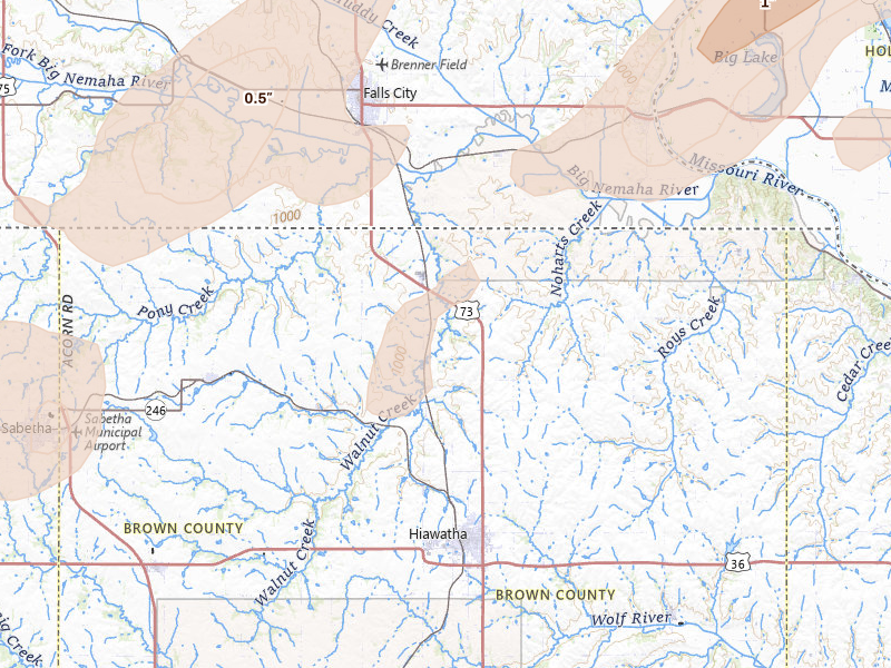 Radar-estimated hail-size map of the storm over Hiawatha, KS on Apr 23, 2026
