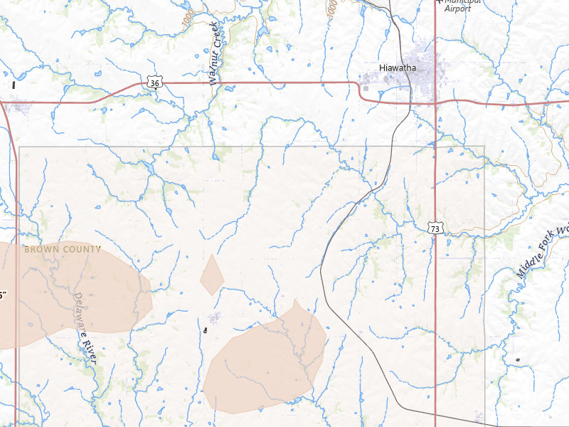 Radar-estimated hail-size map of the storm over Hiawatha, KS on Aug 15, 2026