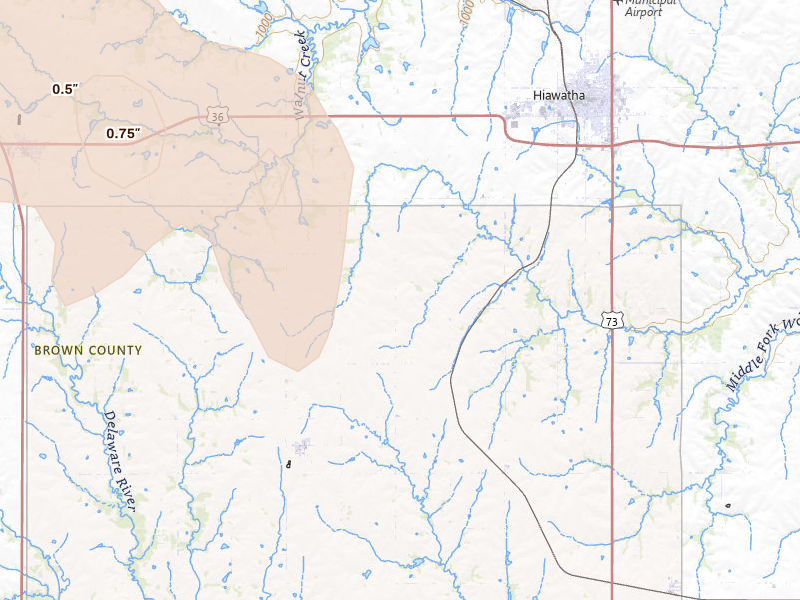 Radar-estimated hail-size map of the storm over Hiawatha, KS on Aug 19, 2026