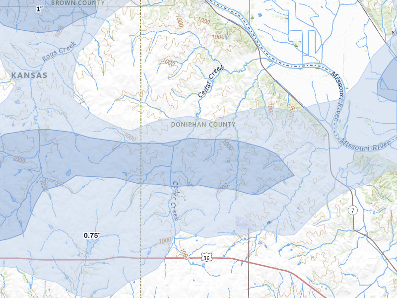 NEXRAD radar-signature map of the hail storm over Highland, KS on May 16, 2026