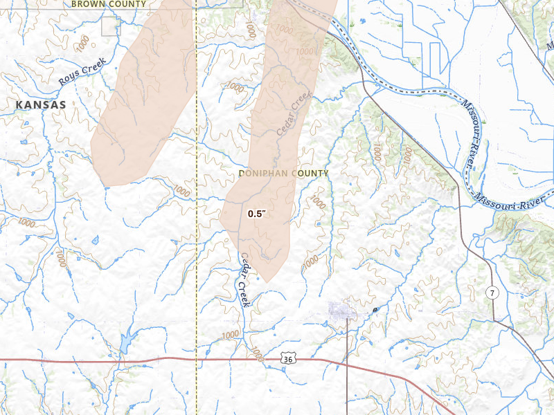 Radar-estimated hail-size map of the storm over Highland, KS on May 18, 2026