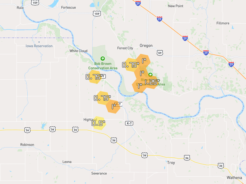 Hail map of Highland, KS on Jul 4, 2026, hail up to 1.25"