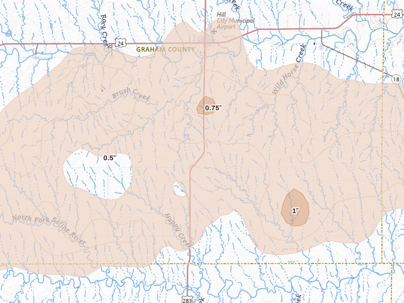 Radar-estimated hail-size map of the storm over Hill City, KS on May 16, 2026