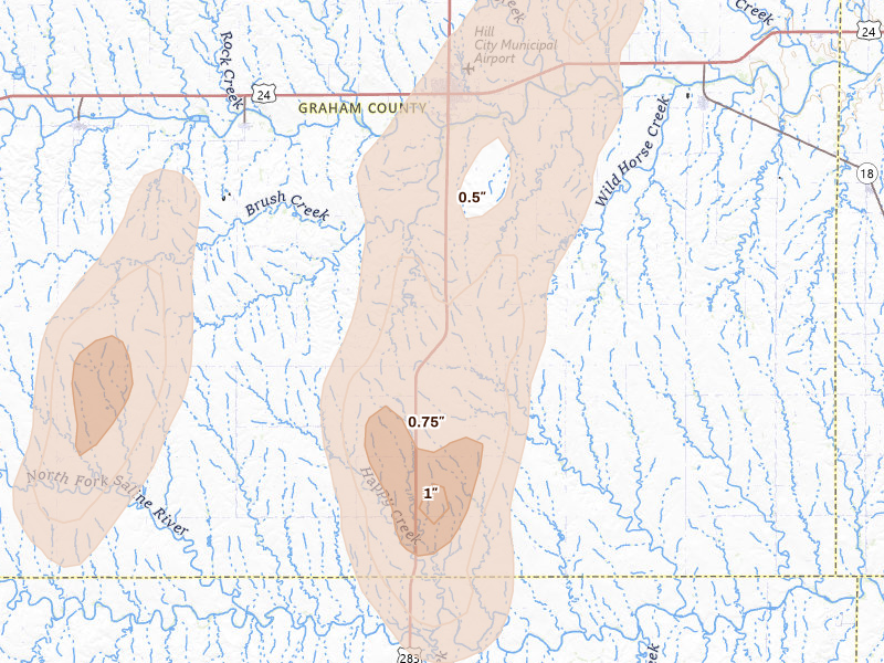 Radar-estimated hail-size map of the storm over Hill City, KS on May 30, 2026