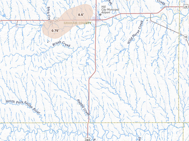 Radar-estimated hail-size map of the storm over Hill City, KS on Jun 8, 2026