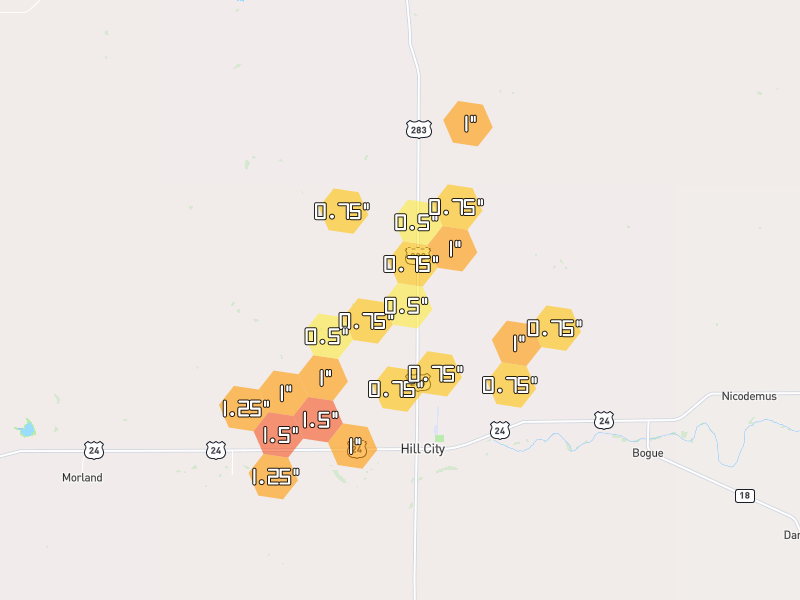 Hail map of Hill City, KS on Jun 9, 2026, hail up to 1.5"