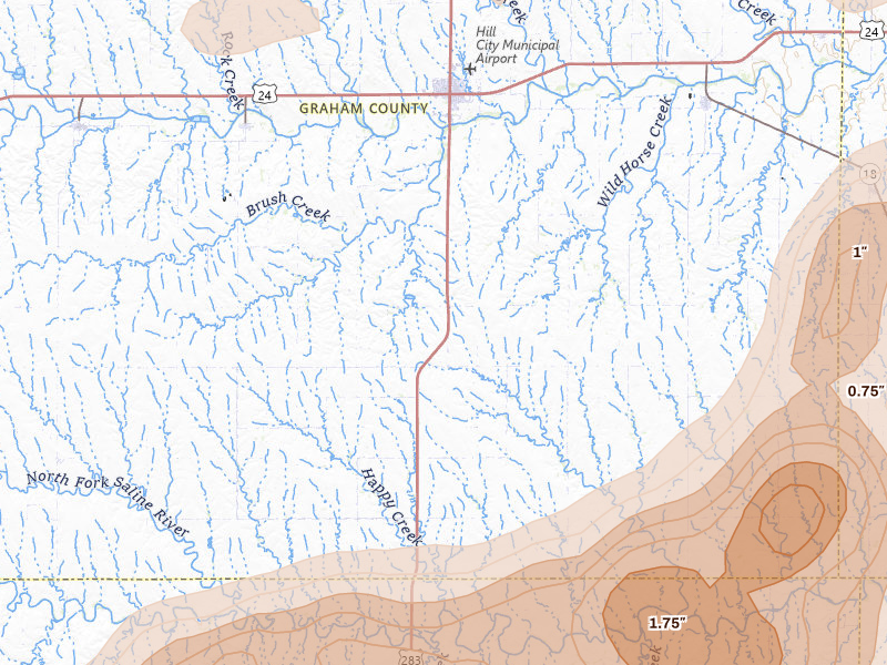Radar-estimated hail-size map of the storm over Hill City, KS on Jul 3, 2026