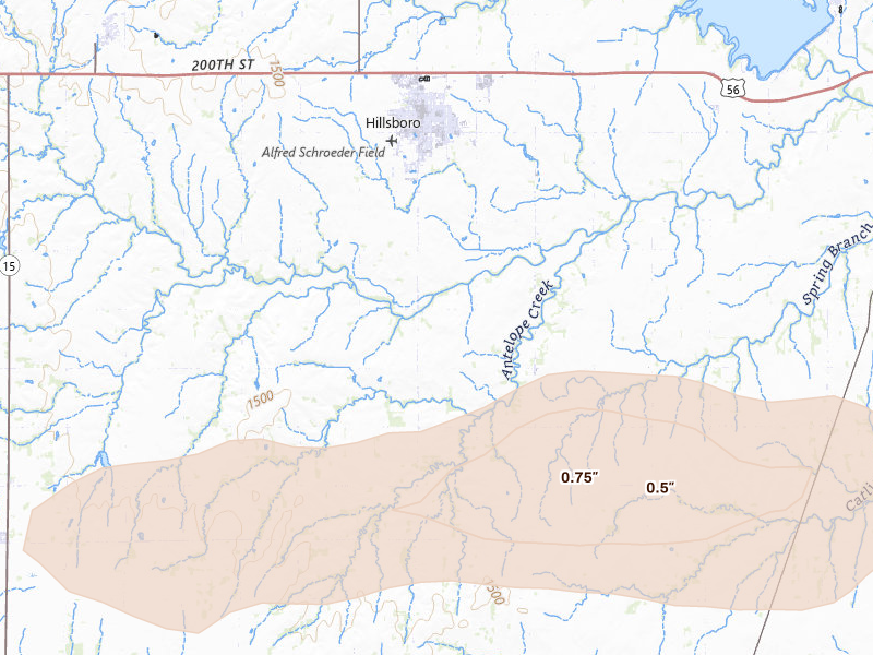 Radar-estimated hail-size map of the storm over Hillsboro, KS on Mar 1, 2026