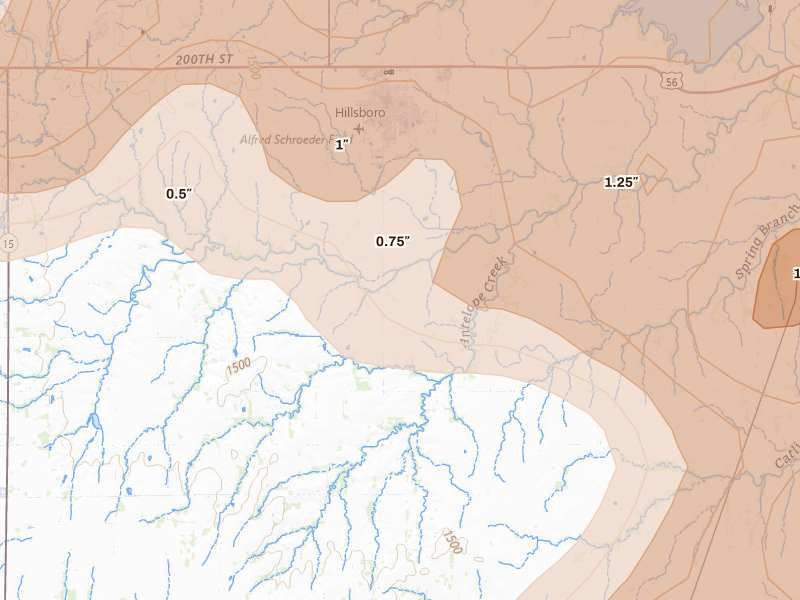 Radar-estimated hail-size map of the storm over Hillsboro, KS on Apr 23, 2026