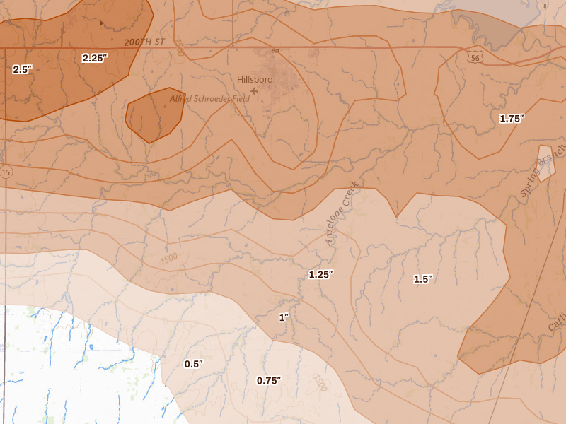 Radar-estimated hail-size map of the storm over Hillsboro, KS on Apr 26, 2026