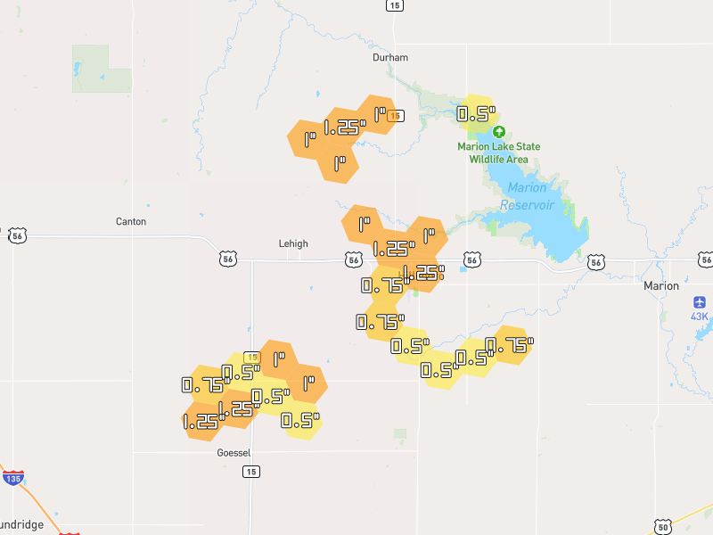 Hail map of Hillsboro, KS on Jun 9, 2026, hail up to 1.25"
