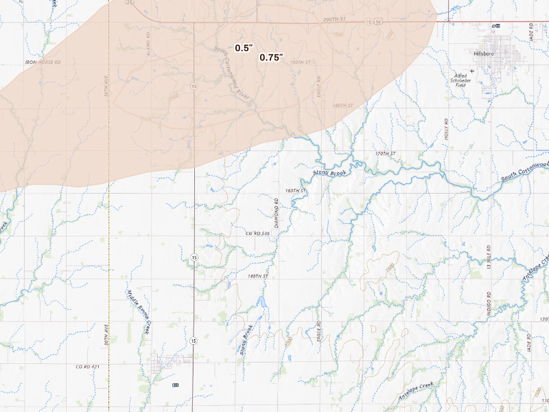 Radar-estimated hail-size map of the storm over Hillsboro, KS on Sep 19, 2026