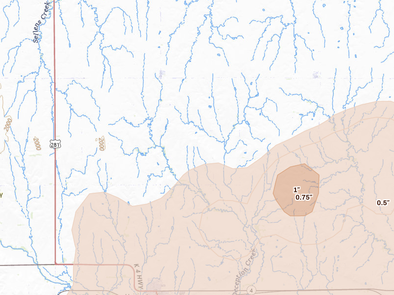 Radar-estimated hail-size map of the storm over Hoisington, KS on Apr 9, 2026