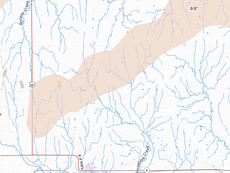 Radar-estimated hail-size map of the storm over Hoisington, KS on Apr 26, 2026