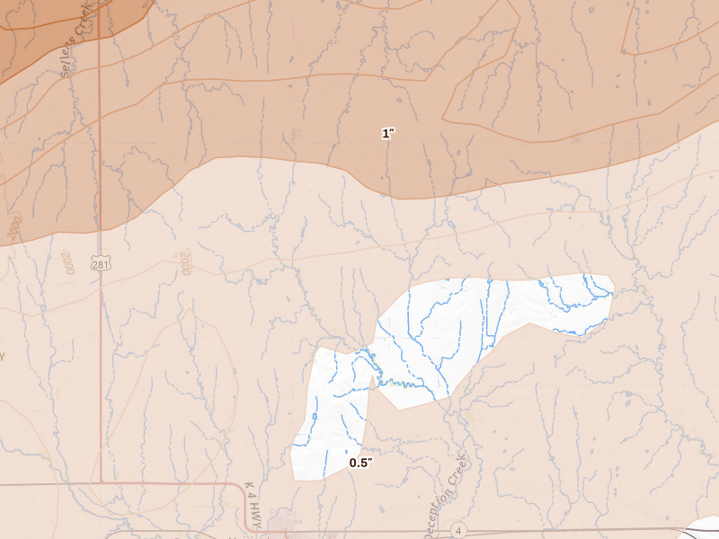 Radar-estimated hail-size map of the storm over Hoisington, KS on May 17, 2026