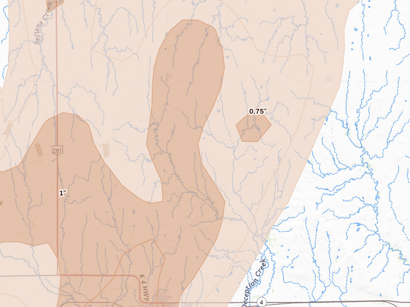 Radar-estimated hail-size map of the storm over Hoisington, KS on May 30, 2026