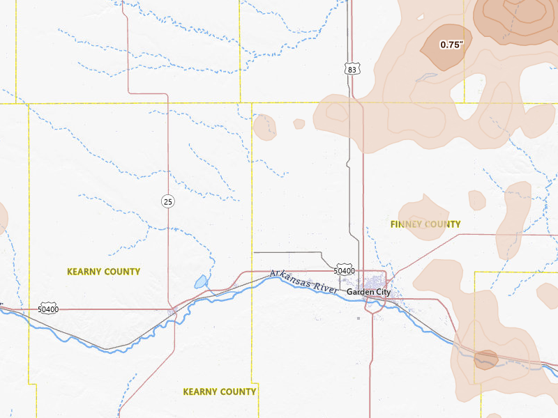 Radar-estimated hail-size map of the storm over Holcomb, KS on Jun 1, 2026