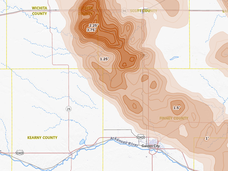 Radar-estimated hail-size map of the storm over Holcomb, KS on Jun 20, 2026