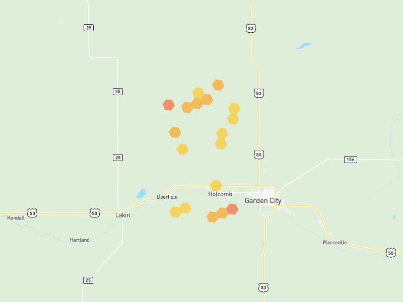 Hail map of Holcomb, KS on Jul 1, 2026, hail up to 1.5"
