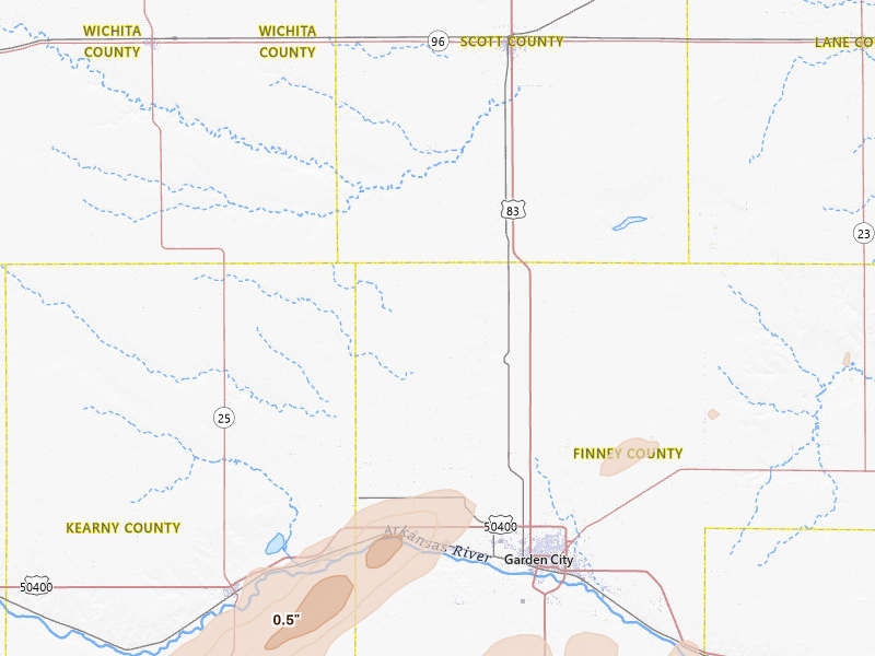 Radar-estimated hail-size map of the storm over Holcomb, KS on Jul 2, 2026