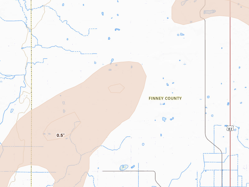 Radar-estimated hail-size map of the storm over Holcomb, KS on Aug 15, 2026
