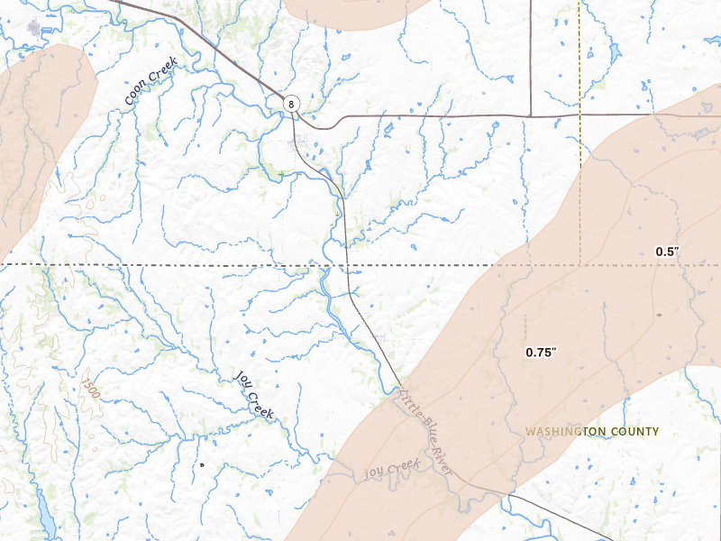 Radar-estimated hail-size map of the storm over Hollenberg, KS on Apr 23, 2026