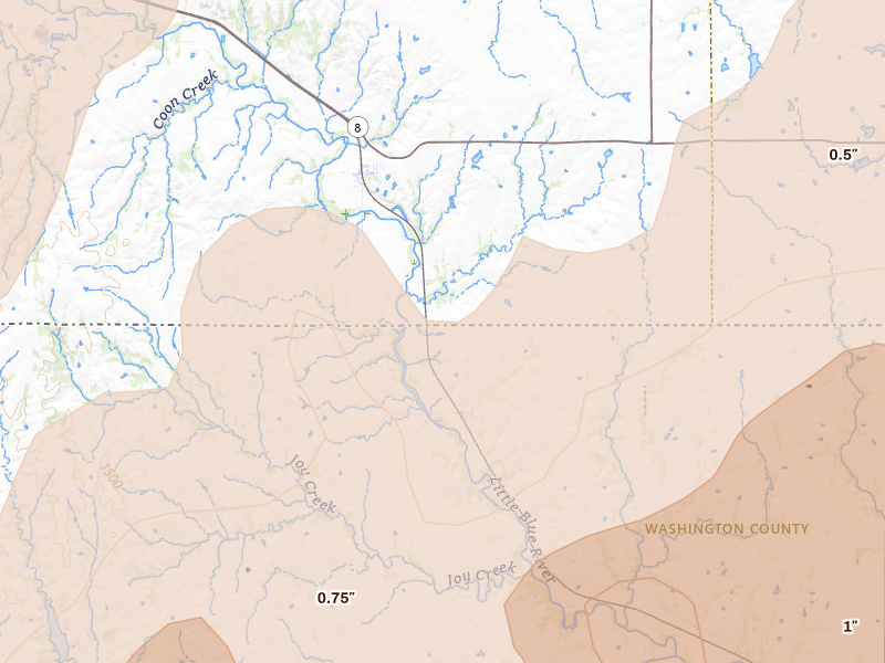 Radar-estimated hail-size map of the storm over Hollenberg, KS on May 17, 2026