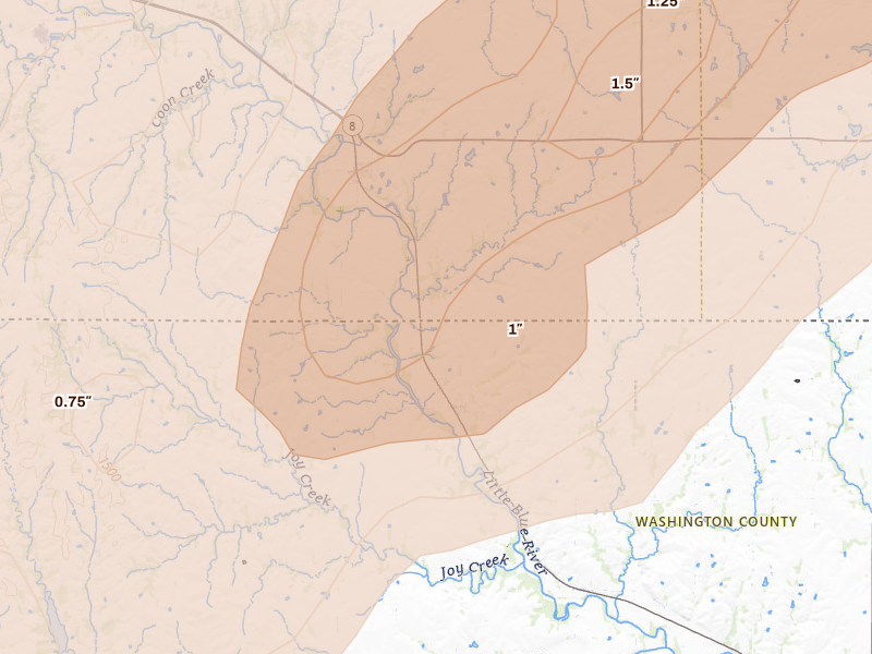 Radar-estimated hail-size map of the storm over Hollenberg, KS on May 18, 2026