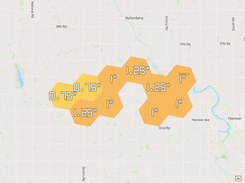 Hail map of Hollenberg, KS on Jul 4, 2026, hail up to 1.25"