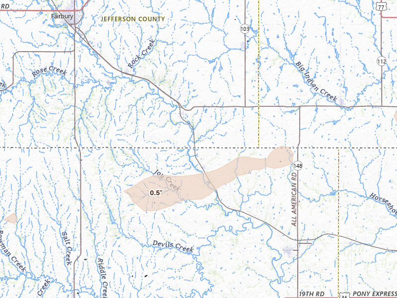 Radar-estimated hail-size map of the storm over Hollenberg, KS on Aug 14, 2026