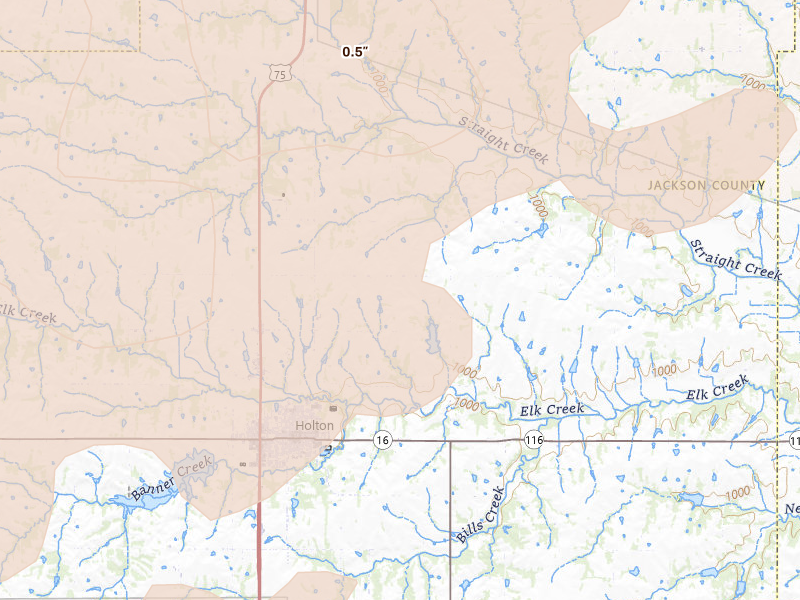 Radar-estimated hail-size map of the storm over Holton, KS on May 18, 2026