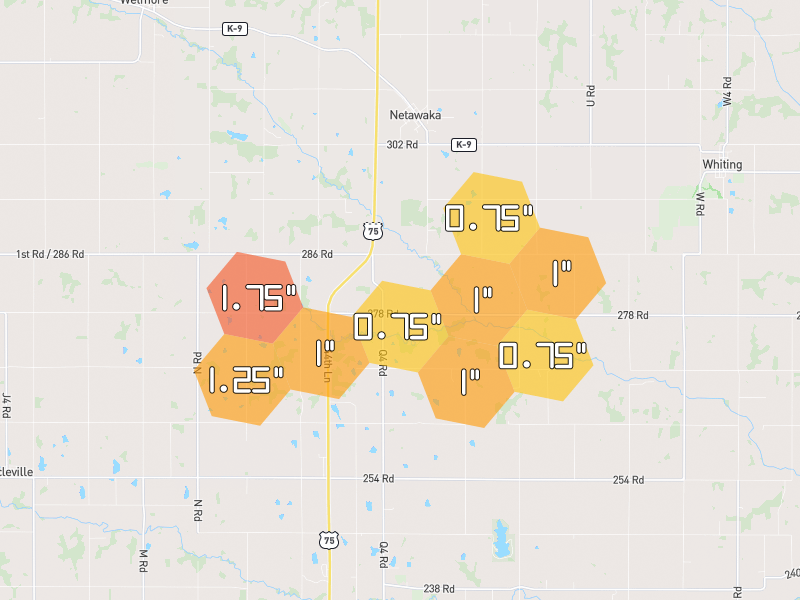Hail map of Holton, KS on Jun 5, 2026, hail up to 1.75"