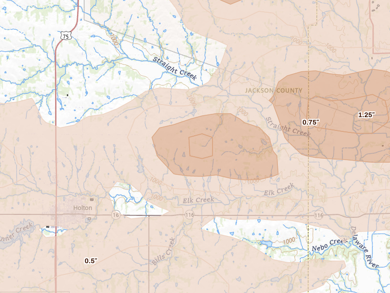 Radar-estimated hail-size map of the storm over Holton, KS on Aug 18, 2026