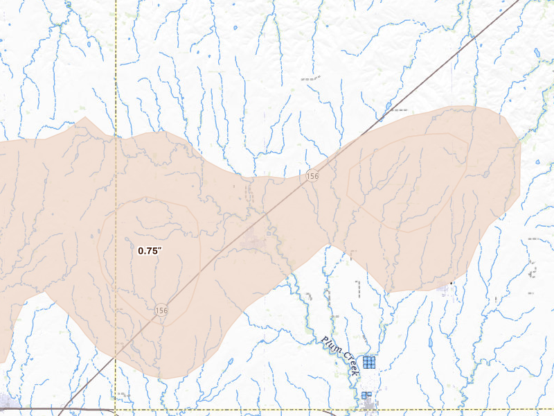 Radar-estimated hail-size map of the storm over Holyrood, KS on Apr 9, 2026